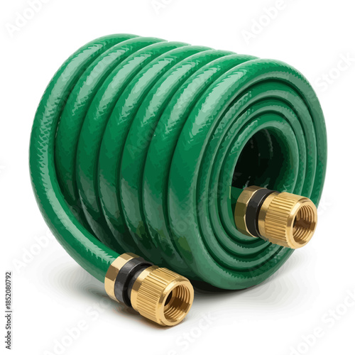 Coiled green garden hose with brass connectors