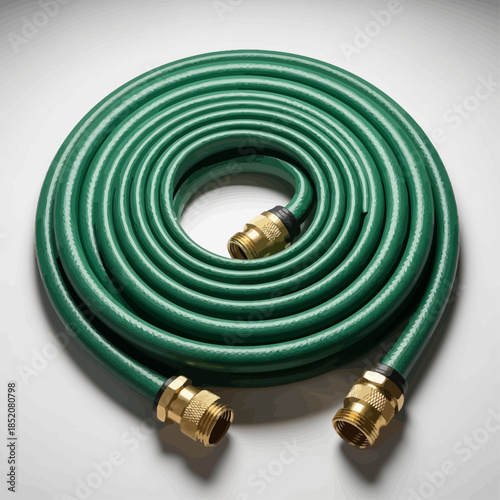Coiled green garden hose with brass connectors
