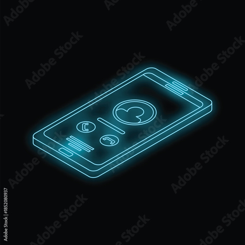Isometric neon blue smartphone showing contact details and call interface on black background