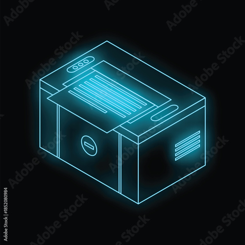 Glowing blue neon printer is printing document in dark room
