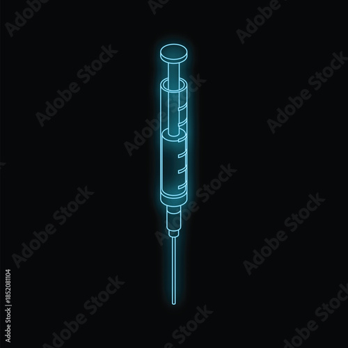 Neon medical syringe injecting vaccine, medication or drug on black background