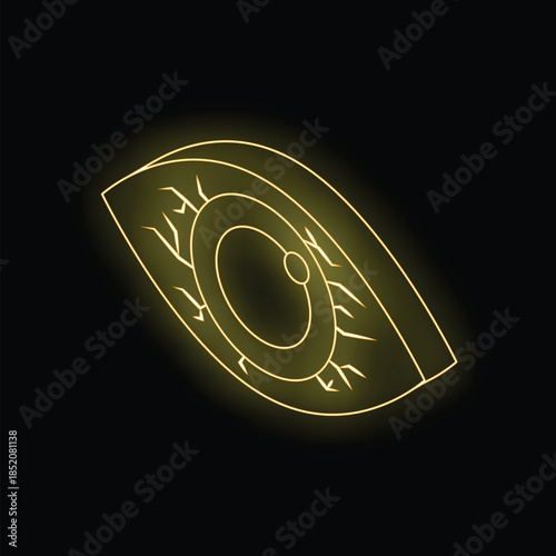 Glowing neon yellow eye with veins and pupil on a black background, representing vision, observation, and futuristic concepts