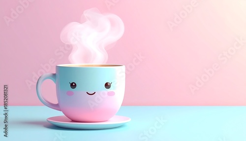 A cheerful kawaii coffee mug character with a happy smile in a dreamy pastel atmosphere
