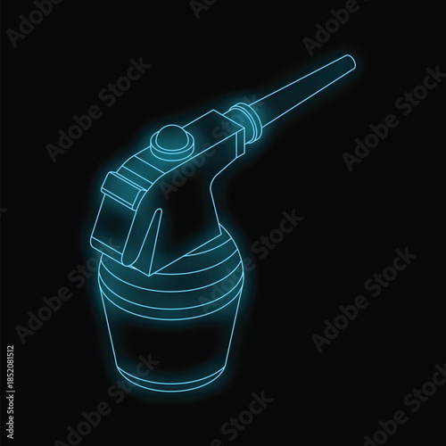Neon blue grenade launcher glowing on a dark background, representing military equipment, conflict, and danger
