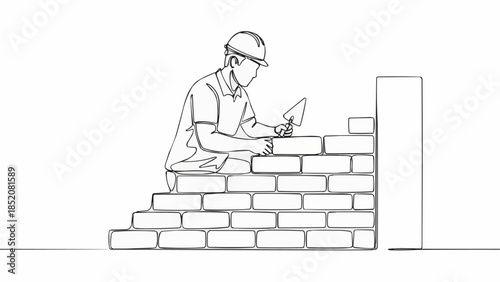 Bricklayer working on building a brick wall with trowel.