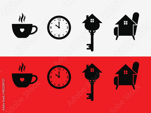 Set of icons featuring coffee cup clock house and key on white and red backgrounds