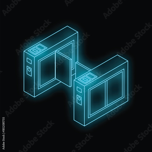Futuristic neon glowing turnstile gate opening, providing access control in a dark environment