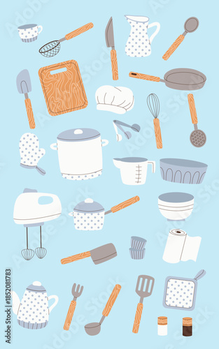 vector illustration of various kitchen utensils and kitchenware