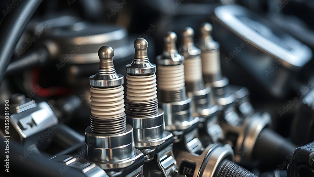 Naklejka premium electrodes. Gleaming spark plug electrodes in a dark engine bay. mobility guides, transit brochures, designed for transport & logistics marketing, used by account managers.