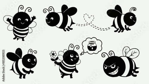Cute Cartoon Bees Collection with Various Expressions and Poses.