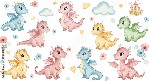 Colorful illustration of various cute cartoon dinosaurs in different poses and colors