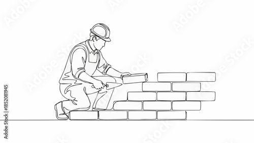 Bricklayer Worker Constructing Wall with Bricks and Mortar.