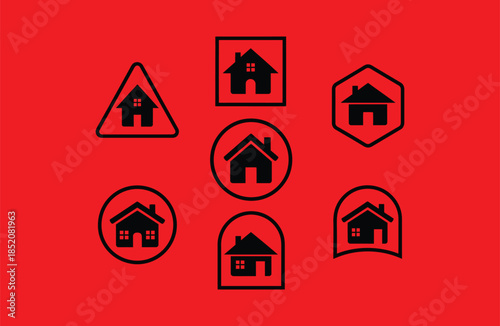 Collection of house icons in various shapes on red background
