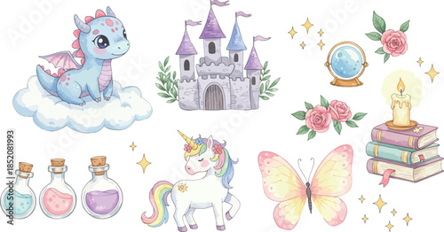 Whimsical fairy tale illustrations of magical creatures and fantasy objects for kids