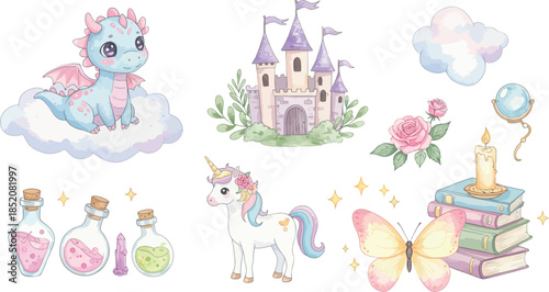 Whimsical fantasy illustrations of unicorns and magical castles for kids