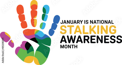 January is National Stalking Awareness Month Social Media Header with Stop Hand Sign for Personal Safety Education and Victim Protection Services