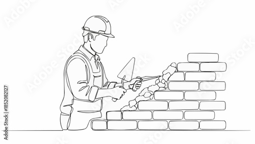 Construction worker building a brick wall with trowel.
