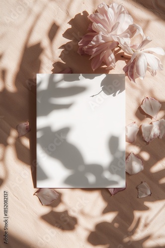 White Card and Flowers on a Pink Surface With Shadows in Bright Light