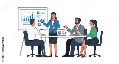 Business team meeting with presentation on a whiteboard discussing company financial growth