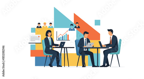 Business team meeting with charts and graphs illustrating corporate growth and success