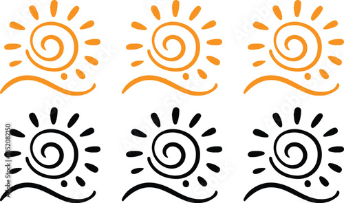 hand drawn sun yellow black line icons set vector illustration design art