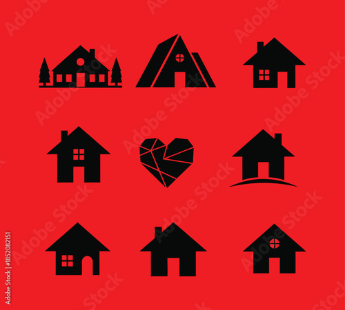 Nine black house silhouettes and a heart on a red background