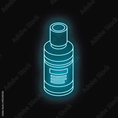 Neon blue cosmetic bottle glowing on a dark background, representing beauty, skincare, and personal care products