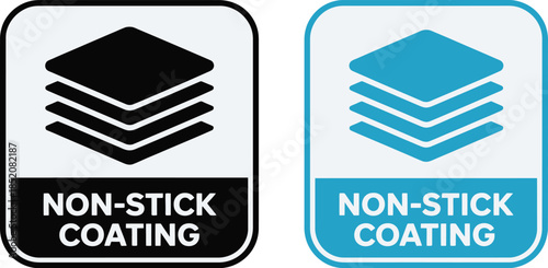 Non Stick Coating Product Labels with Layered Material Icons for Professional Cookware Industrial Manufacturing and Kitchen Appliance Branding