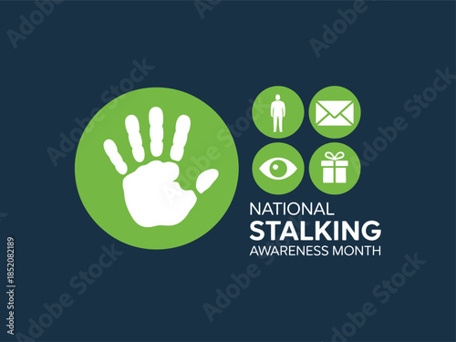 National Stalking Awareness Month Campaign Poster with Stop Handprint and Security Icons for Victim Advocacy Crime Prevention and Safety Outreach