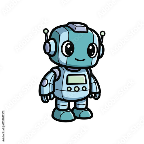 A cartoon robot character with a screen and headphones on a white background smiling
