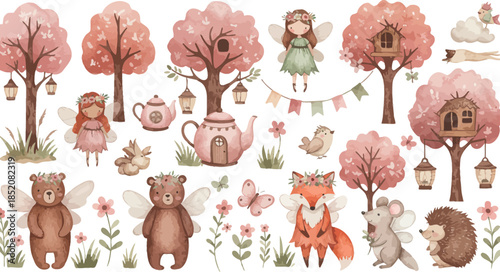 Whimsical forest creatures and trees in a fairy tale landscape scene