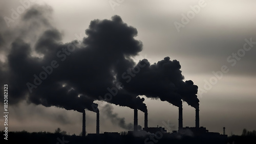 Industrial smoke stacks emitting dark clouds into a hazy, overcast sky, signifying pollution