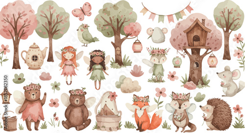 Whimsical forest creatures and trees in a fantasy woodland scene
