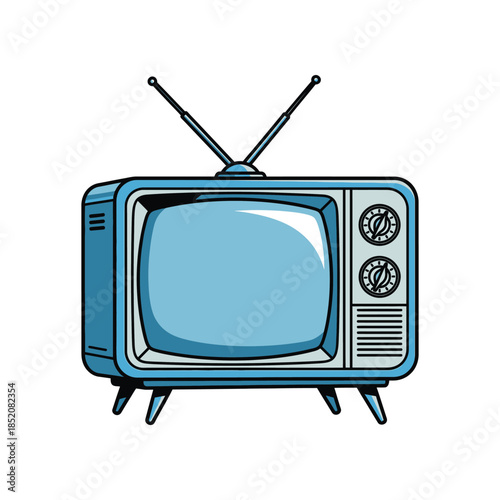 An illustration shows an old blue television set with antennae on a plain background.