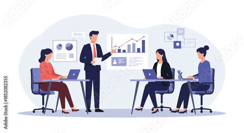 Business team meeting with a presentation on a whiteboard, discussing project strategy and goals