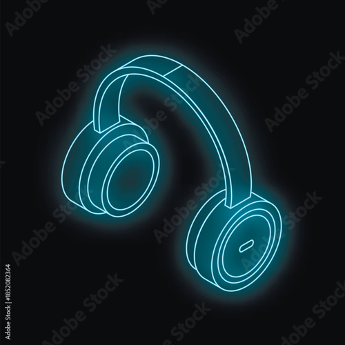 Neon blue wireless headphones glowing on dark background, representing music, sound and audio technology