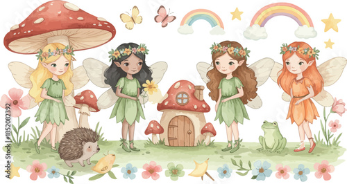Whimsical illustration of four fairies standing in a magical garden with mushrooms and rainbow