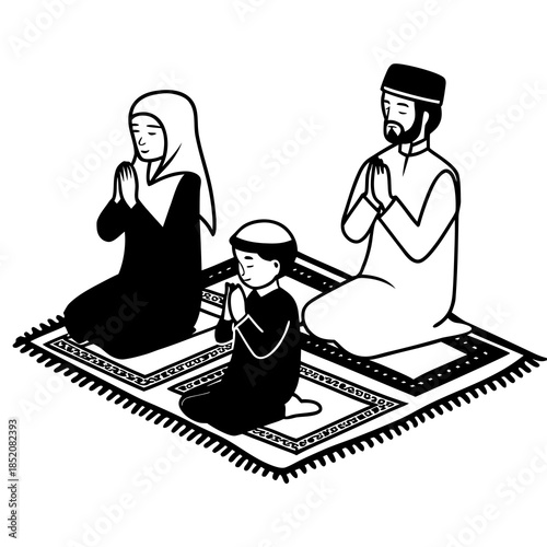 Muslim Family Performing Salah Prayer Together at Home Illustration