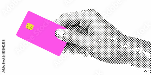 A hand reaching for a bright pink credit card digital security concept