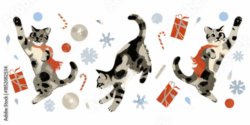 Playful cats celebrate the festive season with gifts and winter decorations