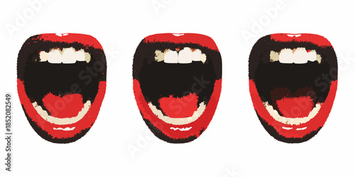 Three open mouths displaying teeth and tongues in a graphic illustration