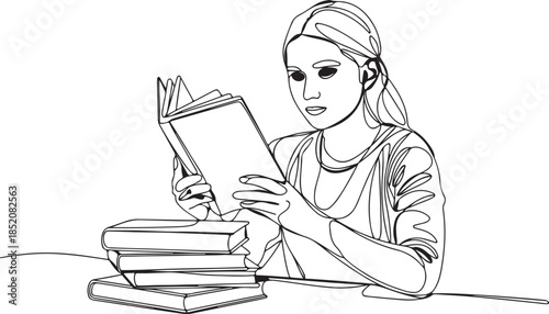 An artistic style using an unbroken line to depict the figure and book, popular for clean, modern designs and vector artwork.