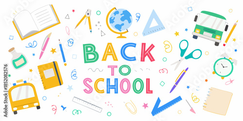 Back to school supplies scattered around a colorful playful learning environment