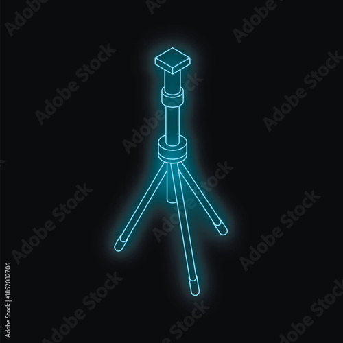Glowing blue tripod on a black background symbolizing photography, videography, or surveying