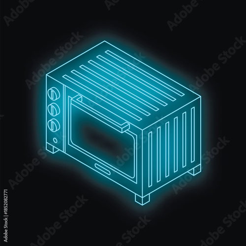 Isometric view of a glowing electric oven with open door, radiating a cool blue neon light against a dark backdrop