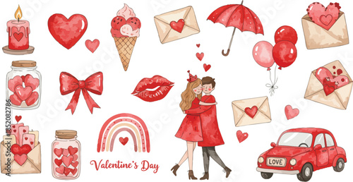 Valentine s day illustration with woman surrounded by hearts and symbols