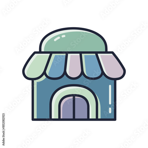 A colorful illustration of a small shop with an awning and door in a graphic style.