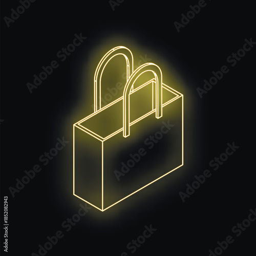 Neon yellow shopping bag glowing on black background representing online shopping, retail, and consumerism