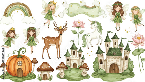 Whimsical fantasy scene with magical creatures and castle landscape