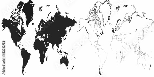 A stark black and white illustration depicting a world map with stylized continents